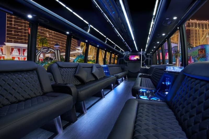 30 passenger limo party bus rental Dallas with LED lighting